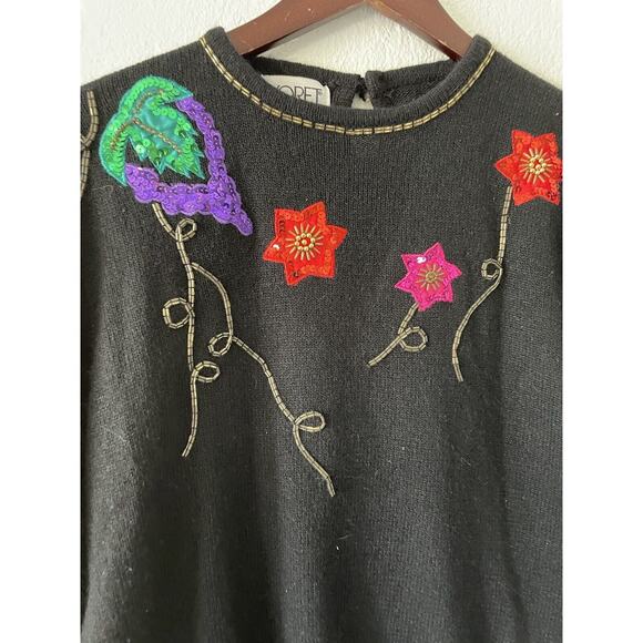 Koret Vintage Sweater Wool Blend Fruit Starsl Embroidered Beaded Black Med - Picture 2 of 10